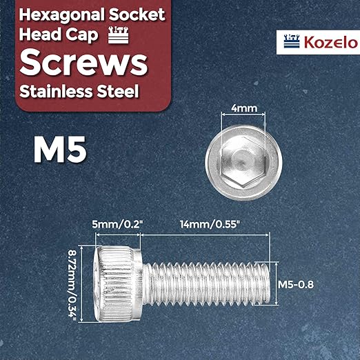 Kozelo 60pcs Socket Head Cap Screws - [M5-0.8 x 14mm] 304 Stainless Steel Allen Socket Drive for Electrical Motor 3D Printing Fan Engine Replacement Use, Silver