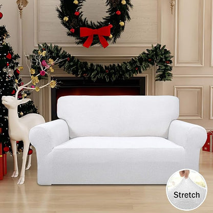 Easy-Going Stretch Loveseat Slipcover 1-Piece Sofa Cover Furniture Protector Couch Soft with Elastic Bottom for Kids Polyester Spandex Jacquard Fabric Small Checks (Loveseat, Snow White)