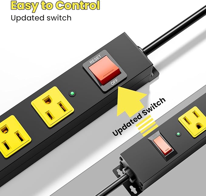 10 Outlet Metal Power Strip with 2100J Surge Protector, Heavy Duty 15FT Extension Cord, Wide Spaced Outlets and Wall Mount for Garage, Workshop, Industrial, Home (15ft)