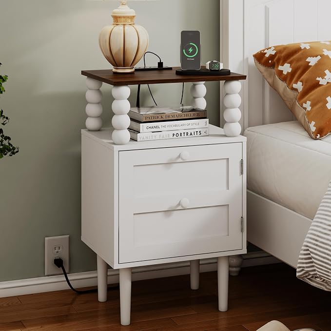 Veegle White Nightstand with Charge Station, Modern Bedside Table with Storage by Unknown