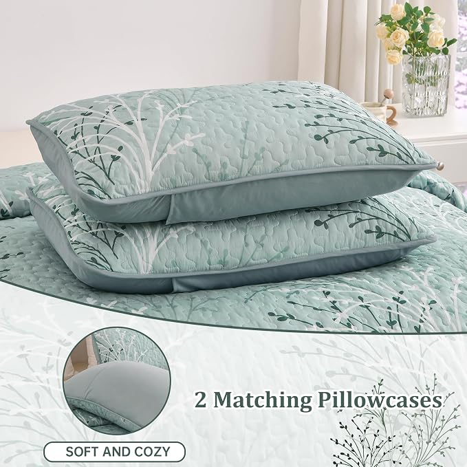 DJY Aqua Quilt Set Queen Size Branch Botanical Bedspread Coverlet Set | 3 - Image 6