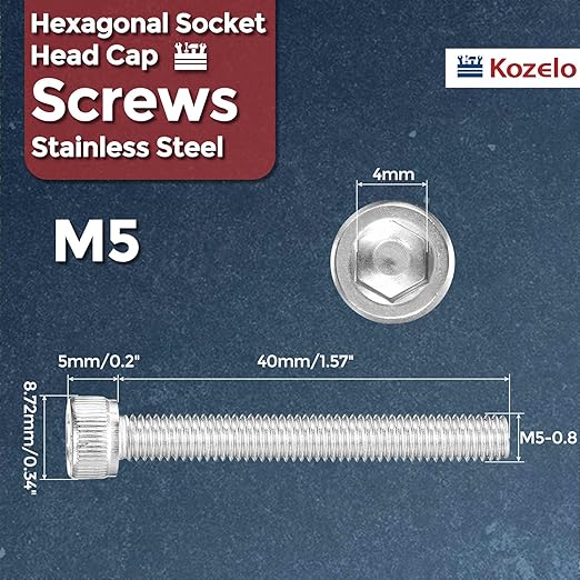 Kozelo 40pcs Socket Head Cap Screws - [M5-0.8 x 40mm] 304 Stainless Steel Allen Socket Drive for Electrical Motor 3D Printing Fan Engine Replacement Use, Silver