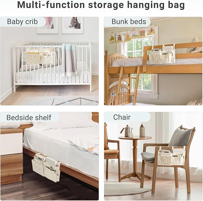 Mkono Bedside Caddy, Macrame Bunk Bed Hanging Organizer, 7 Pockets Ivory | Dorm - Image 4