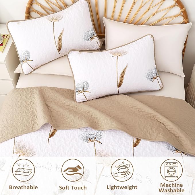 Dinjoy Floral Quilt Set California King, Khaki Bedspreads Fall Bedding Set | 3 - Image 4