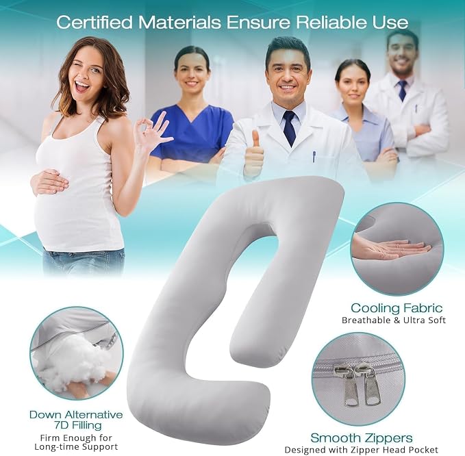 Cooling Pregnancy Pillows for Sleeping, Light Grey | Sasttie Maternity Pillow - Image 3