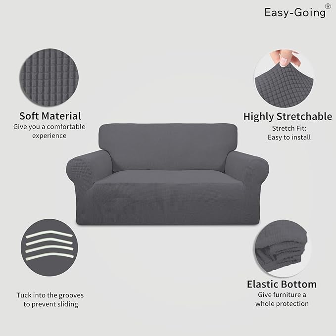 Easy-Going Stretch Loveseat Slipcover 1-Piece Sofa Cover Furniture Protector Couch Soft with Elastic Bottom for Kids Polyester Spandex Jacquard Fabric Small Checks (Loveseat, Grey)