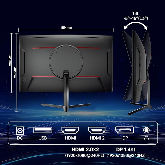 KTC 24 Inch 240Hz Curved Gaming Monitor, FHD 1080p 1500R 1ms Computer Monitor, Adaptive Sync, 3000:1 Contrast, HDR Support, HDMI 2.0 & DP 1.4, Low Blue Light, Tilt, VESA, H24S17P