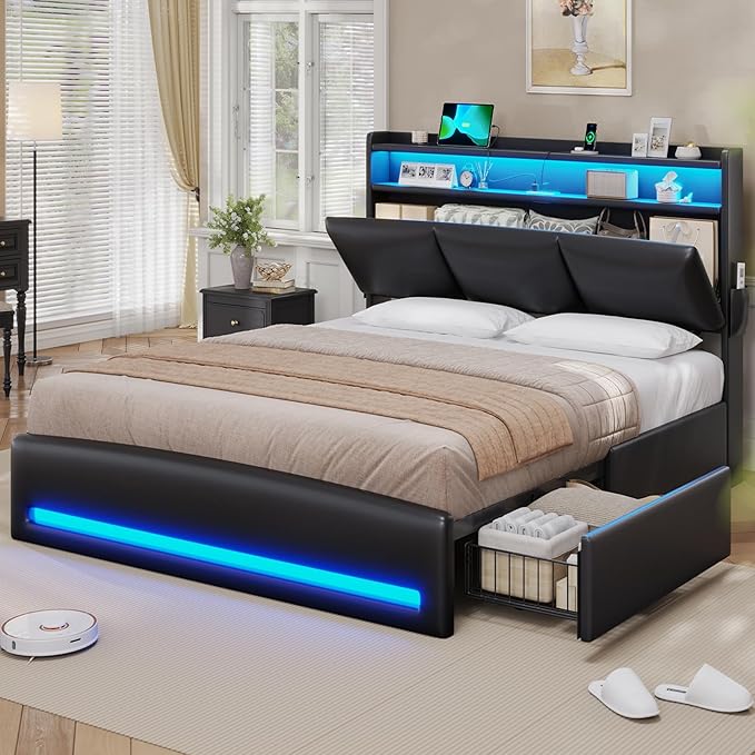 VIAGDO Queen Bed Frame with Storage Headboard and Charging Station, Leather Upholstered Bed Frame Queen Size with 4 Drawers and LED Lights, Type C and USB, No Box Spring Needed, Black
