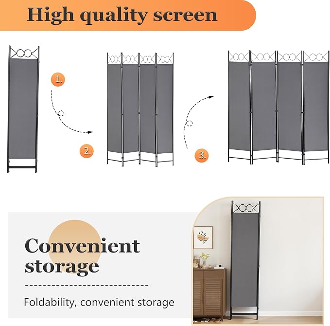 4 Panel Room Divider 6FT Steel Frame Screen Folding Privacy Divider - Image 4