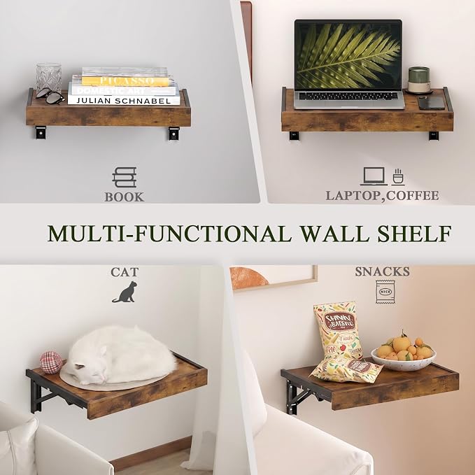 TEAMIX Wall Mounted Bedside Shelf, Wood Floating Nightstand, Folding Bedside - Image 7