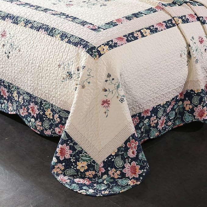 ROOMLIFE Quilt Set Full Floral Leaves 3D Embroidery Pattern 3-Piece Cotton | - Image 3
