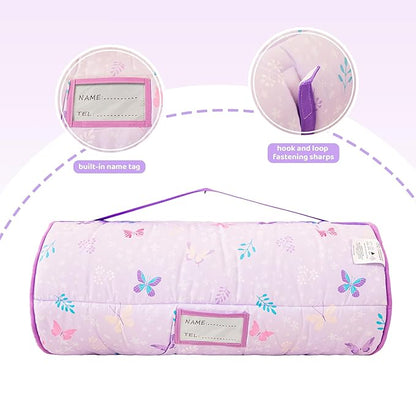 Viviland Toddler Kid Nap Mat for Preschool, Girls Purple Butterfly Slumber Bag, Daycare Sleeping Bag with Pillow and Blanket, Kindergarten Sleep Mat