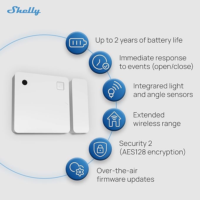 Shelly Wave Door/Window White, Z-Wave Long Range Operated Sensor, Home Automation, Compatible with Alexa, Google Home, SmartThings & Home Assistant, Bulletproof Security, Lux & Tilt Angle Measurement