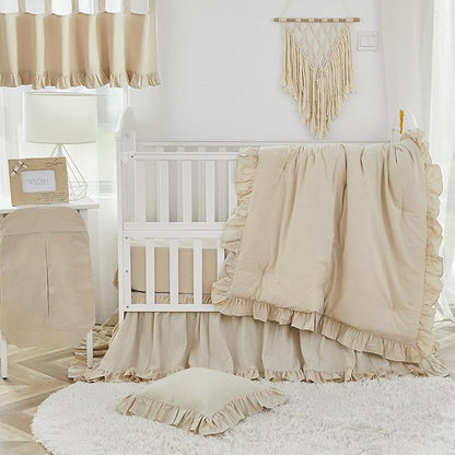 Brandream Boho Bohemian Girl Baby Nursery Crib Bed Skirt Dust Ruffle - Neutral Solid Color Beige Farmhouse Chic 100% Washed Cotton Ruffle