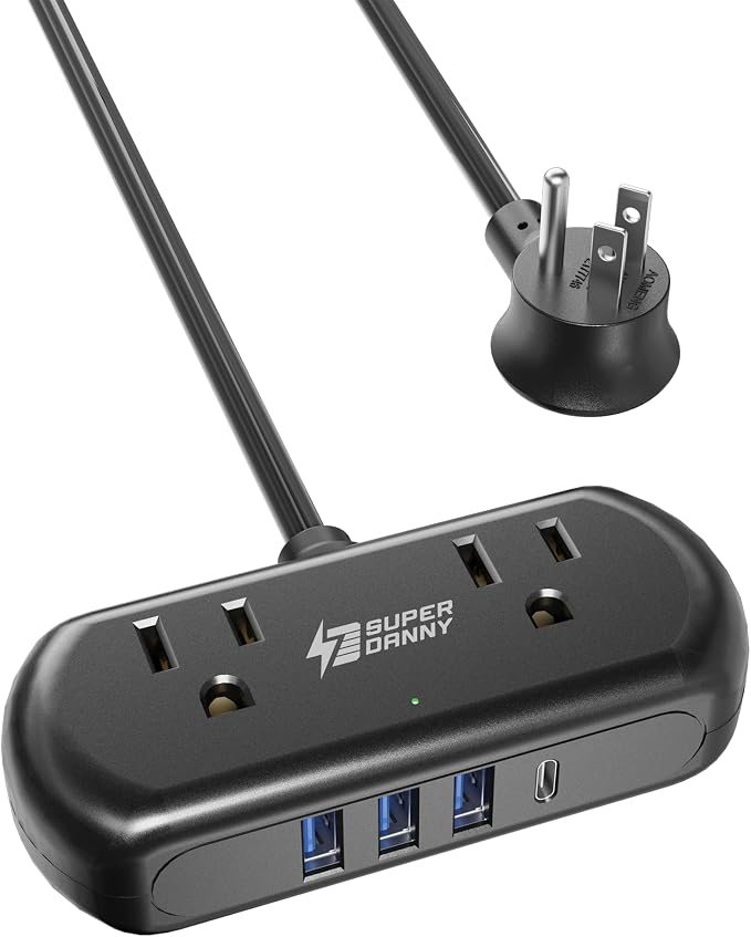 Power Strip with USB, SUPERDANNY Mini Surge Protector with 2 Wide-Spaced Outlets by SUPERDANNY