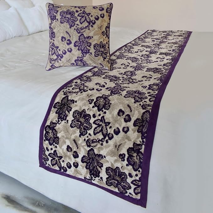 The HomeCentric King/Queen/Twin Purple Designer Full 68"x18" Bed Runner Without Pillow Cover, Floral, Velvet Bed Scarf on Velvet Fabric - Plum Petal
