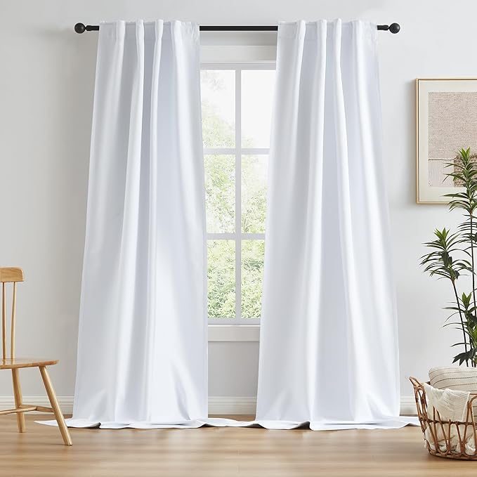 White Blackout Curtains 120 Inches Long 2 Panels Back Tab Pocket Hook Belt Full by KEQIAOSUOCAI