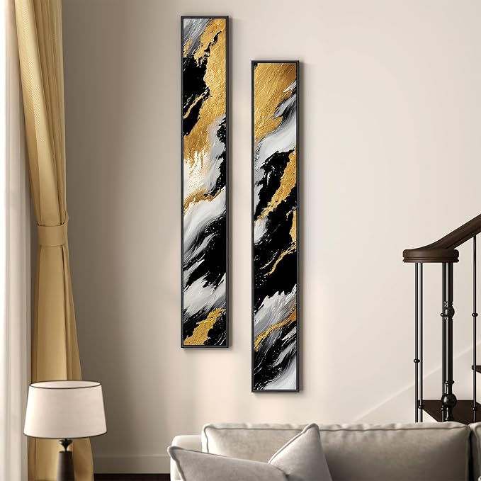Framed Vertical Black and Gold Abstract Wall Art Set of 2, Modern Long Narrow - Image 2