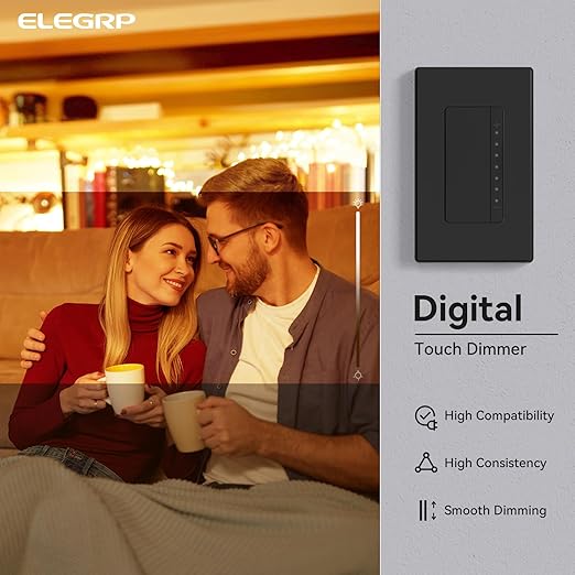 ELEGRP Dimmer Switch, Digital Dimmer Light Switch for LED Lights 150W, INC/HAL 450W, 3 Way LED Dimmer Switch, Needs Neutral Wire, Wall Plate Included, UL Listed, 1 Pack, Matte Black