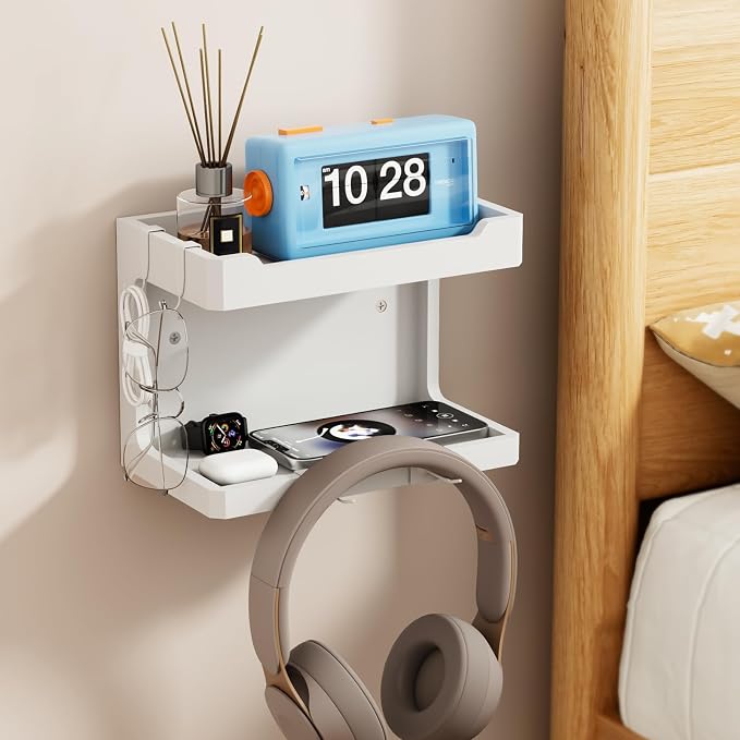 NiHome Bedside Wall Shelf Organizer, Wood 2-Tier Floating Nightstand, 4 DIY - Image 2