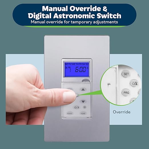 TOPGREENER Digital Astronomic Timer Switch, 7-Day Programmable Sunrise Sunset, Single Pole or 3-Way, Neutral Wire Required, 120VAC, UL Listed, TGT01-H-SV, Silver