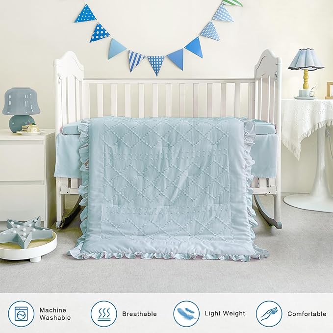 Wowelife Baby Crib Bedding Set for Girls, 3 Piece Boho Crib Comforter Set Ruffle, Baby Boy Crib Bedding Set Nursery Blanket Set Neutral Include Quilted Comforter, Crib Skirt and Sheet, Blue