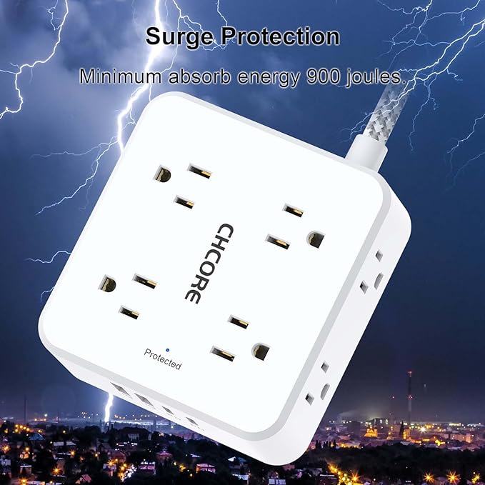 5Ft Flat Plug Braided Extension Cord - CHCORE Surge Protector Power Strip with 8 Outlets and 2 USB-C (PD 30W) Fast Charging Ports and 2 USB-A Ports for Home, Office, Dorm Room Essentials, ETL, White