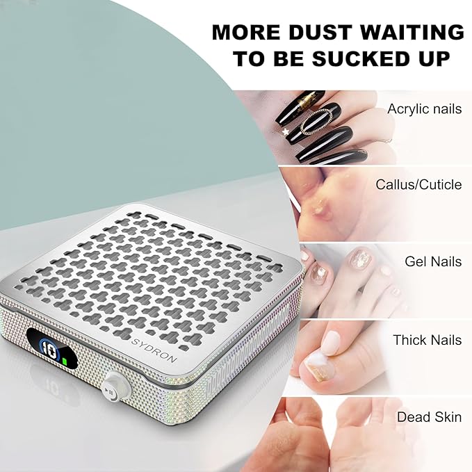 Nail Dust Collector | 1000PA Nail Vacuum Dust Collector | 10 Speed Levels | Low Noise & Strong Suction | Reusable Filter, 10 Pads + Nail Dust Brush| for Acrylic Nails, Salon & Home -White Diamond