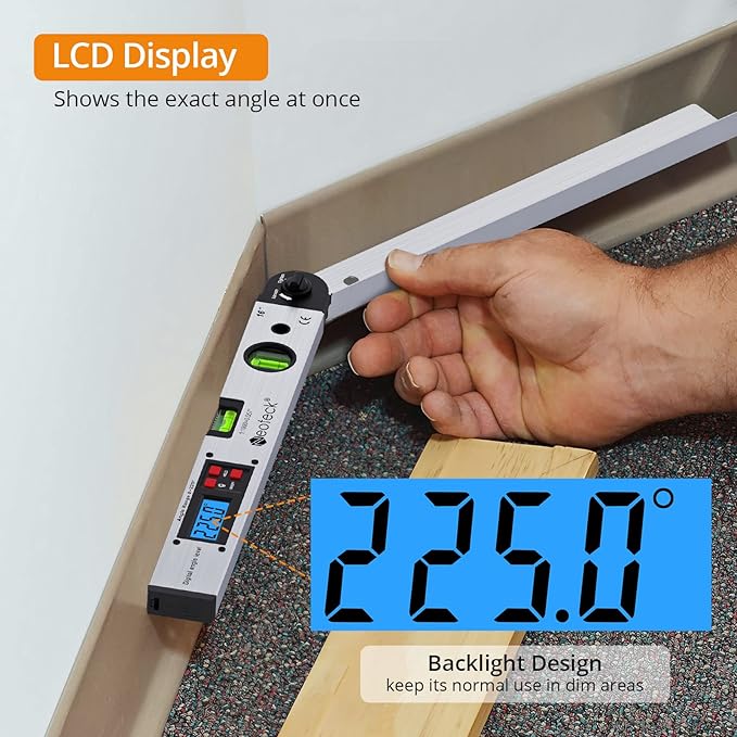 Neoteck Aluminum Digital Angle Finder Protractor 225° 16 inch Backlit LCD Digital with Horizontal and Vertical Bubble - Silver