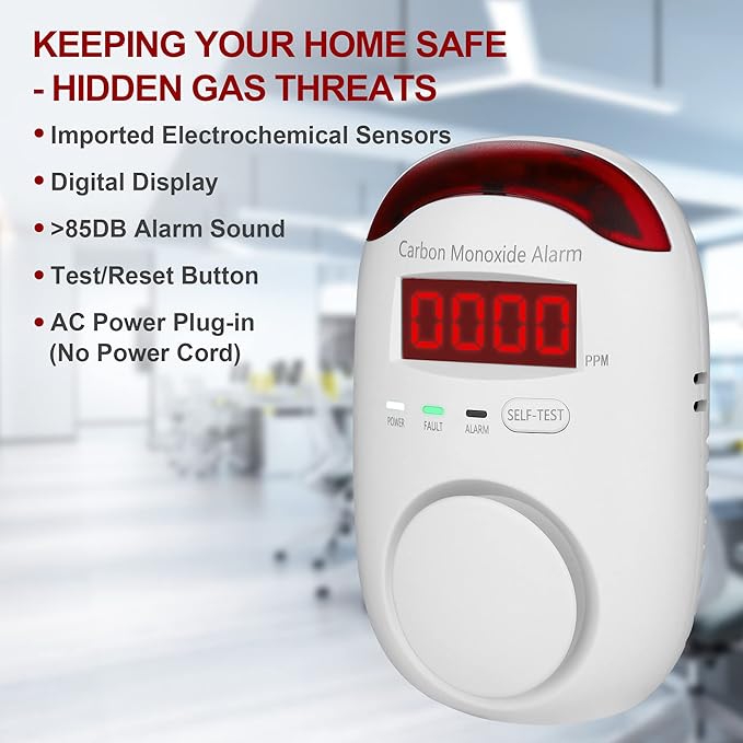 3 Packs Carbon Monoxide Detectors - Hembisen Carbon Monoxide Detector Plug in Type CO Alarm Monitor with Digital Display, Accurate & Easy to Read, for Home/Kitchen/Hotel/Bedroom (White)