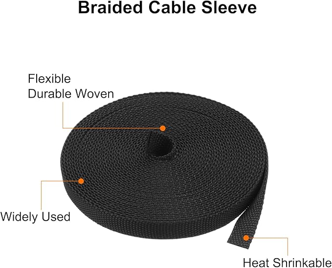 MECCANIXITY Braided Cable Sleeves Heat Shrinkable Fabric Sleeving, 1/4" 26ft Black 2:1 Ratio Heat Shrinkable Cord Protector for Harness Cable, Network Cable Protection, Cable Management