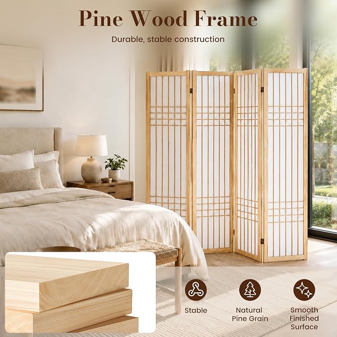 Shoji Room Divider, Lightweight Folding Privacy Screen, Natural | Room Divider - Image 3