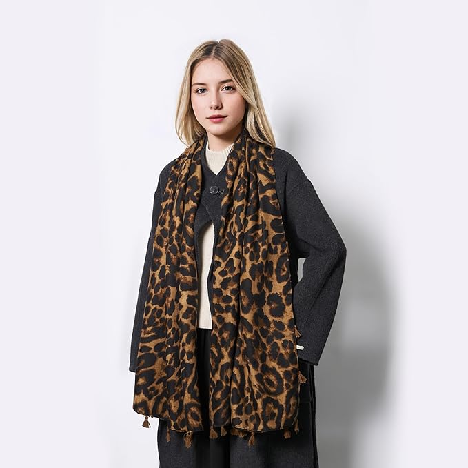 Scarf for Women Lightweight Soft Floral Leopard Printed Scarves Fall Winter Fashion Shawl Wrap with Fringe