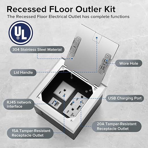 Vagueior Recessed Flat Hidden Floor Electrical Outlet Box Kit,Stainless Steel Cover with 2 * 20A+ 1 * 15A Receptacle Outlet,+2 * 5V/4.8A USB Port+1*RJ45 Port,UL Certified,Silver