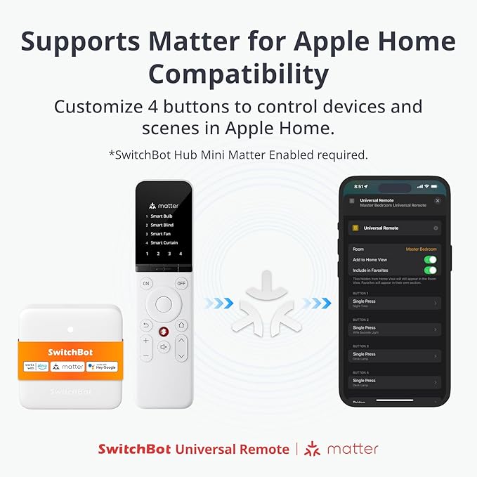 SwitchBot Universal Remote Control with Hub Mini Matter Enabled with Remote, Multi-use Smart Remote with Customize App, Control 25 IR/Bluetooth Devices and 10 Scenes