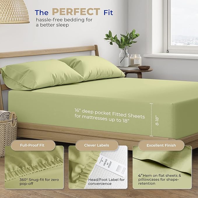 THREAD SPREAD 100% Cotton Queen Sheets Set - 400 Thread Count Queen Size Sheets (4 PC, Herb Green), 16" Deep Pocket All Around Elastic, Soft, Cooling, Durable & Breathable Sateen Weave Bed Sheet Set