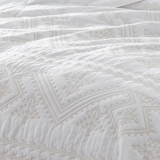 100% Cotton 3-Piece Quilt Set White Full Queen Size Lightweight Bedspread - Image 7