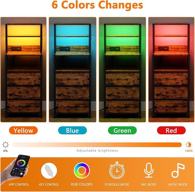 Night Stand with Charging Station, Tall Nightstand, LED Lights | 4-Tier Shelves - Image 6