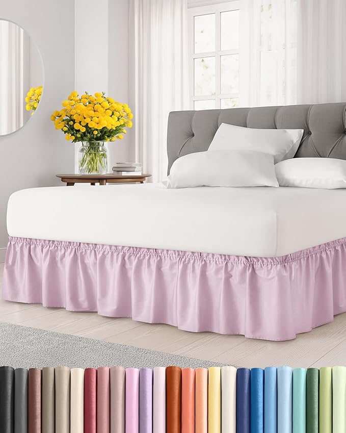 Wrap Around Dust Ruffle Bed Skirt - Light Pink - Twin/Twin XL Size Beds with 15 Inch Drop - Elastic Strap - Adjustable Pleated Bedskirt with Brushed Fabric and Wrinkle Free - Women, Men, Kids & Teens