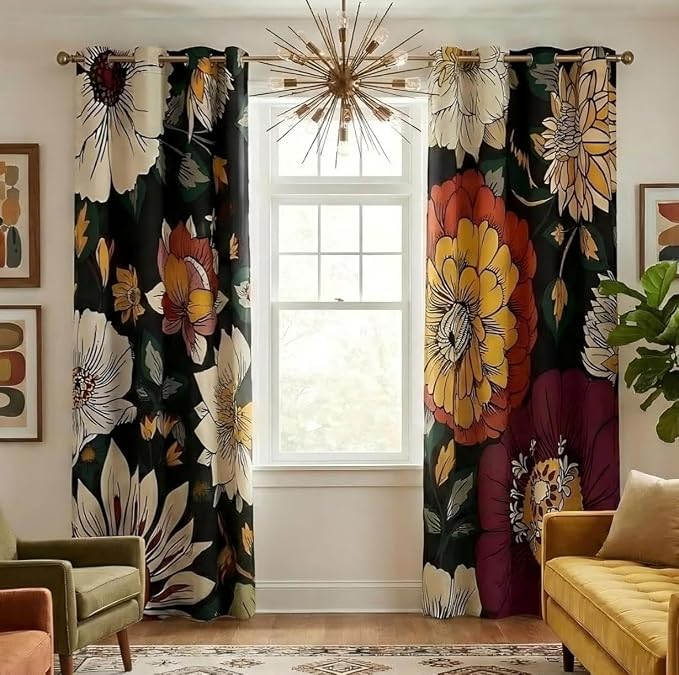 NICETOWN Black Boho Floral Curtains 100% Blackout - Image 2
