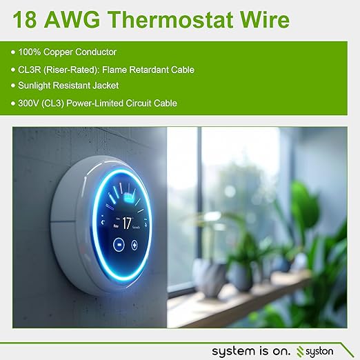 Syston 18/5 Thermostat Doorbell HVAC Heating Control Cable Wire, 18 AWG 5 Conductors 100% Solid Copper Conductors CL3R/FT4/CMR Riser-Rated, UV Resistant RoHS for Low Voltage Applications Use