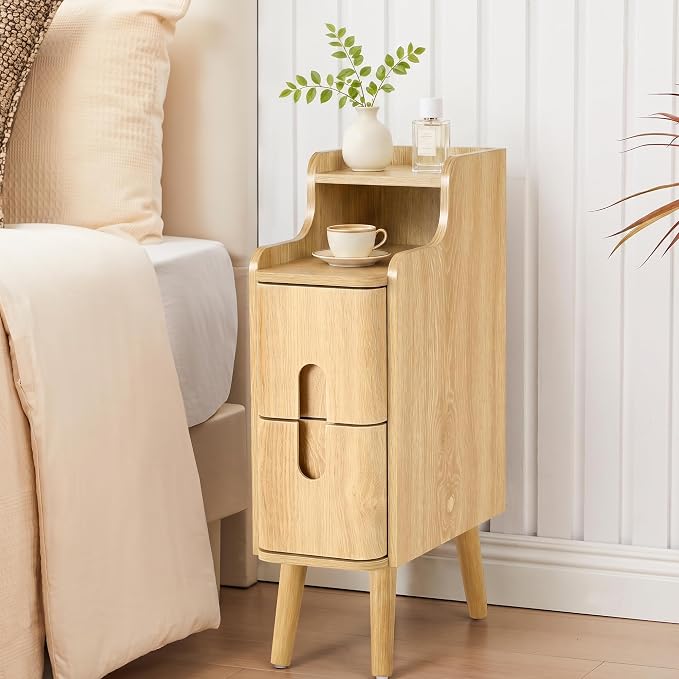 FurSch Narrow Nightstand, Wooden 2 Drawer, Skinny Bedside Table, Mid Century - Image 8