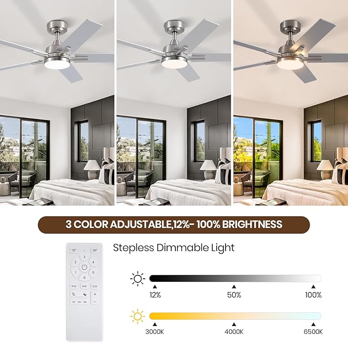 SODSEA Ceiling Fans with Lights, 52 inch Nickel Ceiling Fan with Light and Remote Control, Reversible, 3CCT, Dimmable, Noiseless, Small Ceiling Fan for Bedroom, Indoor/Outdoor Use