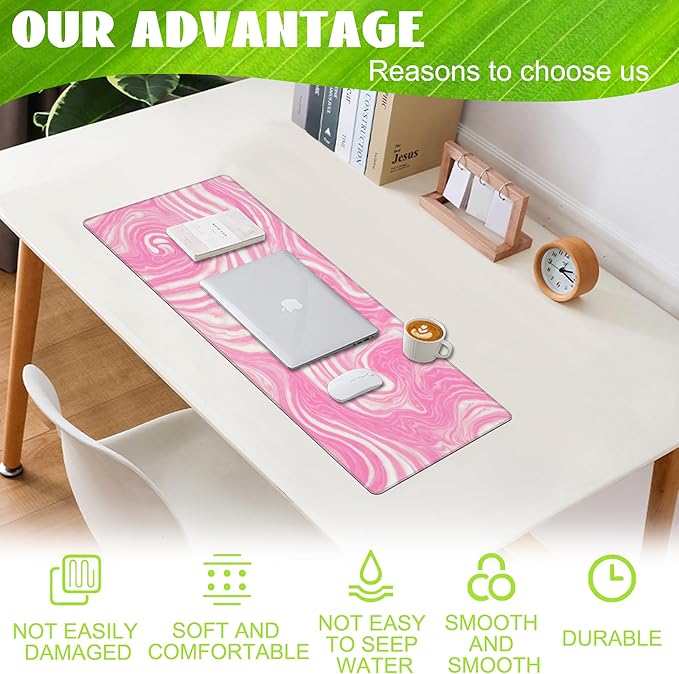 Eflxamz Desk Pad,Pink Marble Swirls Texture Desk Mat,Flow Liquid Waves Large Gaming Mouse Pad for Desk,Extended Big Computer Keyboard Mouse Pad with Non-Slip Base and Stitched Edge,31.5"x11.8"