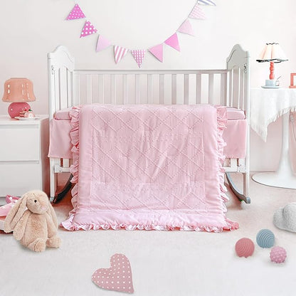 Wowelife Boho Mini Crib Bedding Set for Girls, 3 Piece Tufted Jacquard Ruffle Fringe Baby Girl Crib Bedding Set Newborn, Infant & Nursery with Comforter, Crib Fitted Sheet and Crib Skirt, Pink