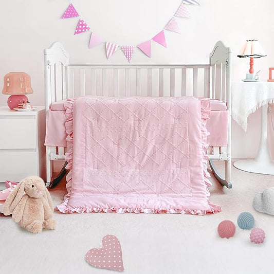 Wowelife Boho Mini Crib Bedding Set for Girls, 3 Piece Tufted Jacquard Ruffle Fringe Baby Girl Crib Bedding Set Newborn, Infant & Nursery with Comforter, Crib Fitted Sheet and Crib Skirt, Pink