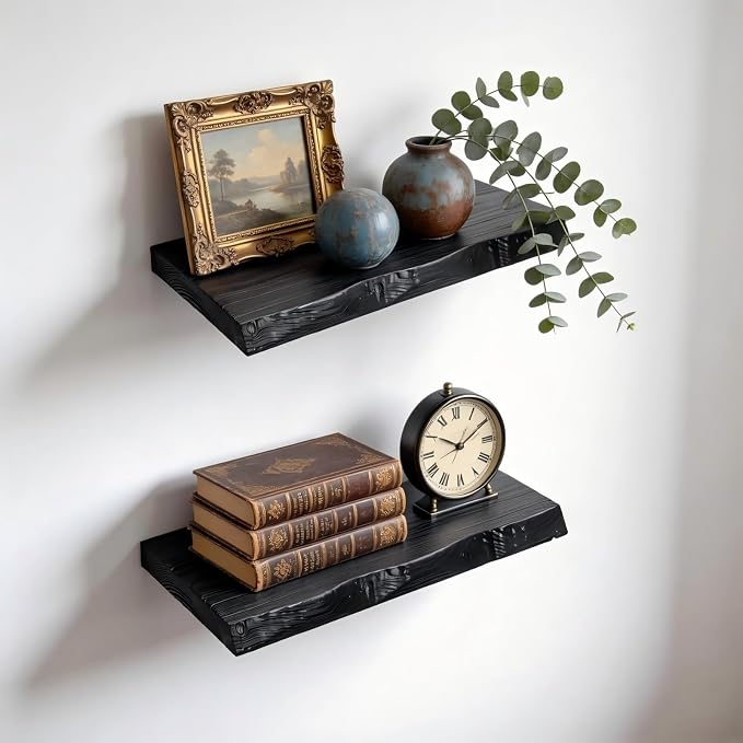 Black Live Edge Floating Shelves, Solid Wood, Heavy-Duty Hidden Brackets by Unknown