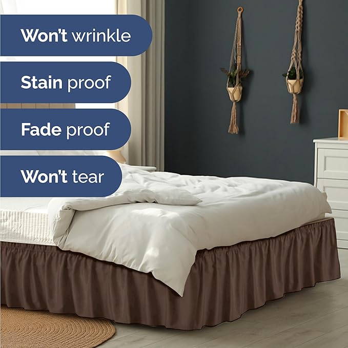 Wrap Around Dust Ruffle Bed Skirt - Brown - Twin/Twin XL Size Beds with 15 Inch Drop - Easy Fit Elastic Strap - Adjustable Pleated Bedskirt w/Brushed Fabric - Wrinkle Free - Women, Men, Kids & Teens