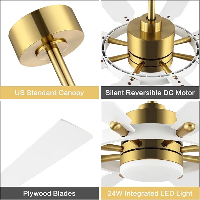 ELEHINSER 60 Inch Ceiling Fan with Lights and Remote Control, 8 Plywood Blades, 6-Speed Noiseless Reversible DC Motor, 3CCT, Windmill Ceiling fan for Kitchen Bedroom Living Room, Brass and White