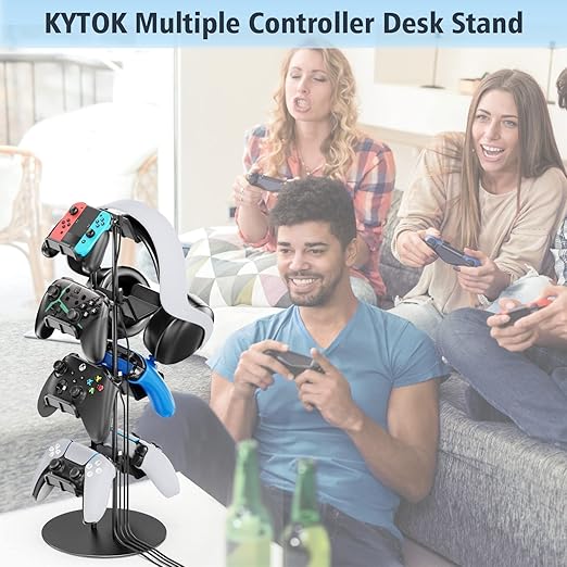 Kytok Controller Stand 4 Tiers with Cable Organizer for Desk, Universal Headphone Stand Compatible with Xbox PS5 PS4 Console Nintendo Switch, Headset Holder & Desk Mounts for 8 Packs Controller